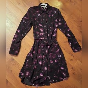 Prologue Long Sleeve Collared Shirt Dress, EUC, S, Black Purple Floral